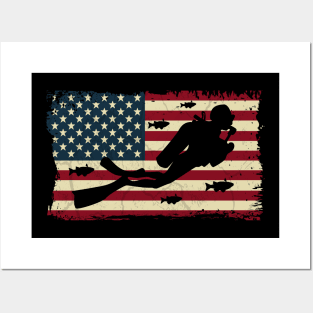 Vintage Scuba Diving Shirt Freediving USA Flag Scuba Diver Posters and Art